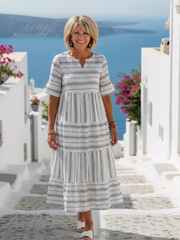 Parisa | Robe Midi à Manches Courtes à Rayures Étagées