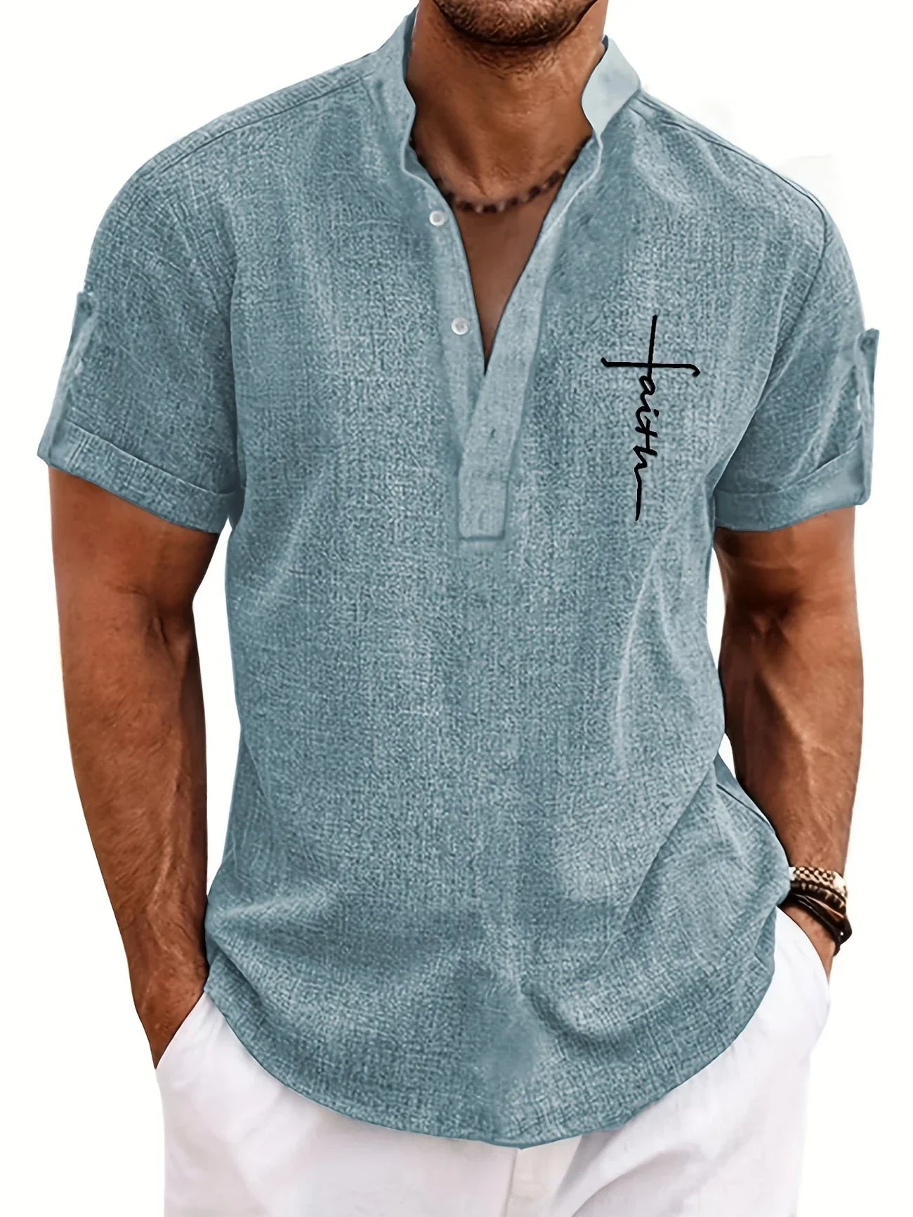 DUVAL PARIS™ | CHEMISE ÉLÉGANT À MANCHES COURTES ET COL MONTANT