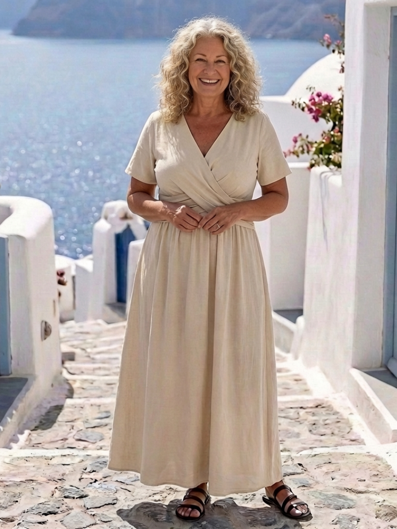 Alvara | Robe midi à manches courtes en V avec taille cintrée