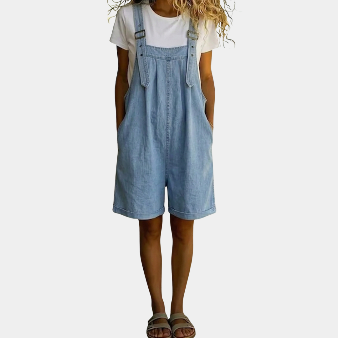 Duval Paris™ | Salopette courte en jean bleu clair