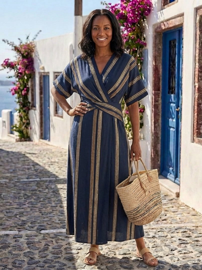 Saphira | Robe midi à rayures en V et manches courtes