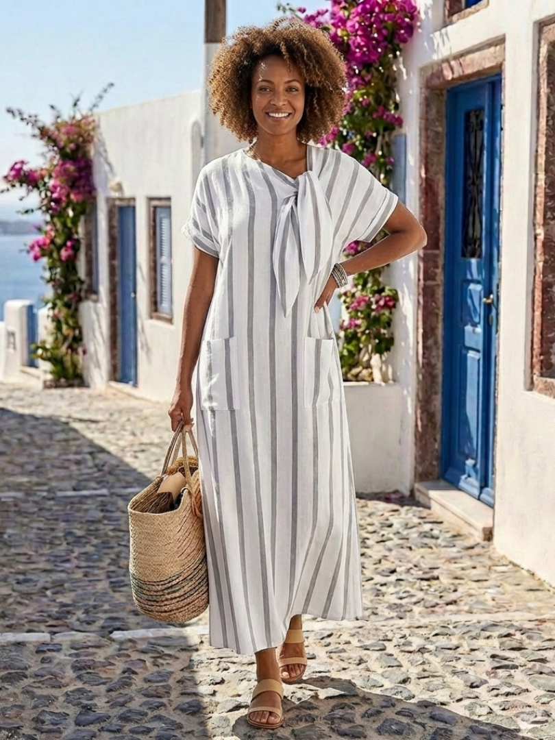 Elaris | Robe Midi à Manches Courtes à Rayures avec Col Nœud et Poches