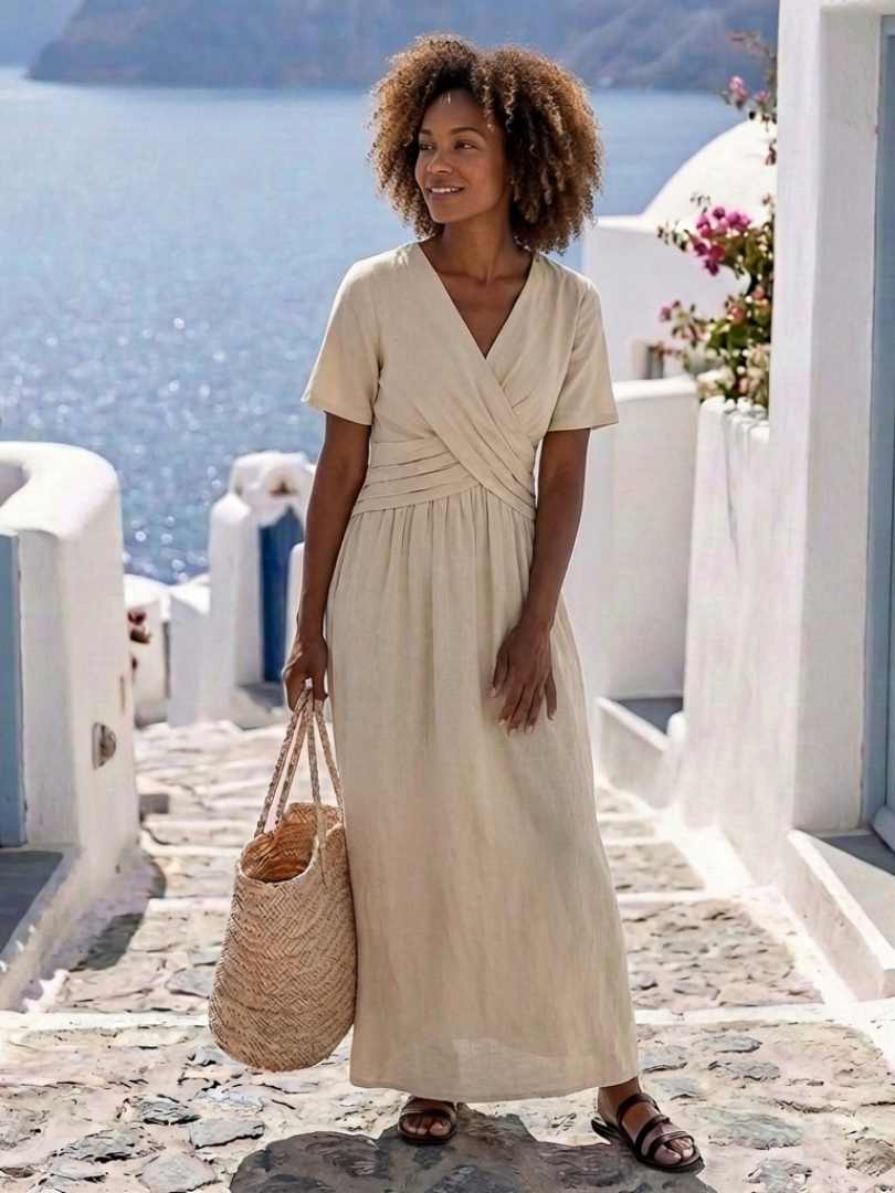 Alvara | Robe midi à manches courtes en V avec taille cintrée