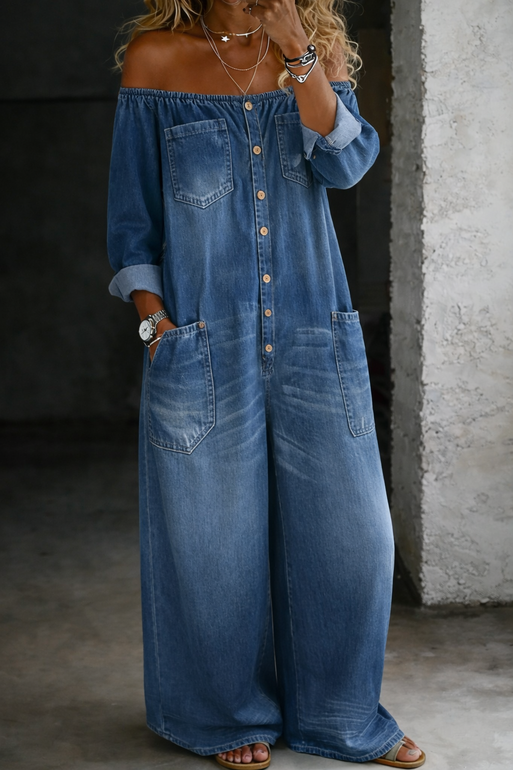 Duval Paris™ | Combinaison denim épaules dénudées
