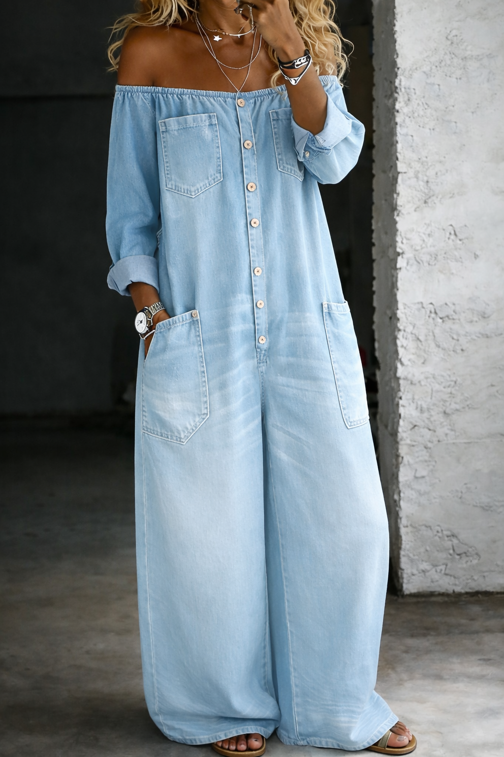 Duval Paris™ | Combinaison denim épaules dénudées