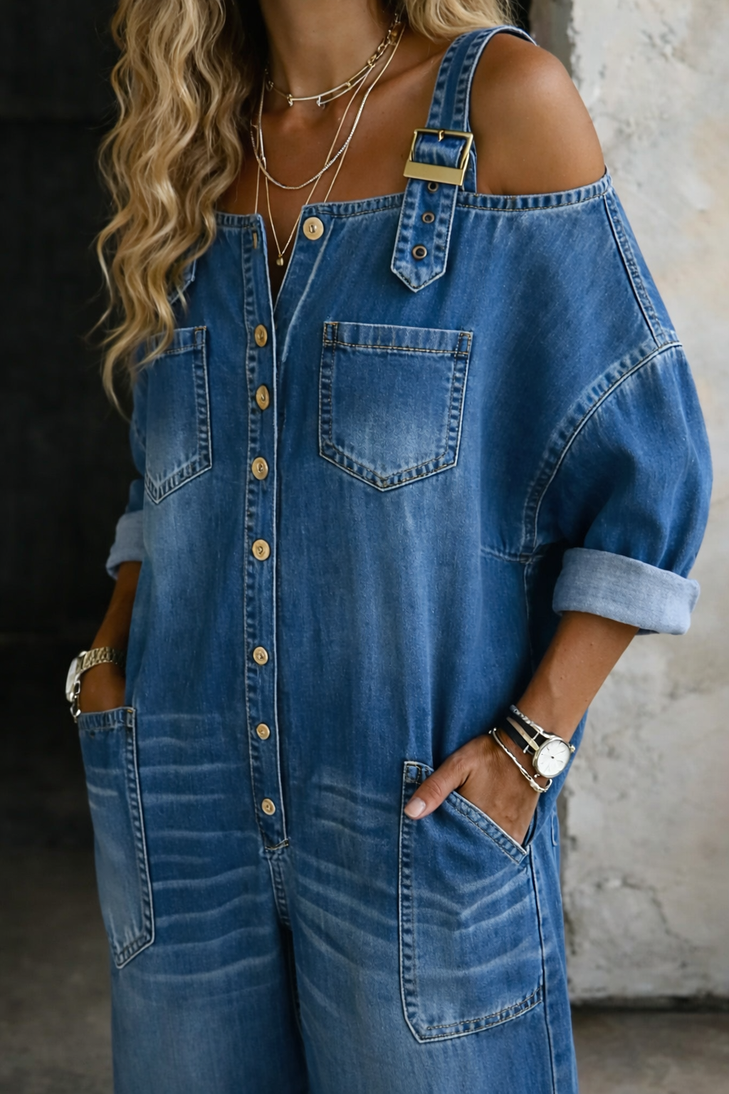 Duval Paris™ | Sophia Combinaison Denim Épaules Dénudées
