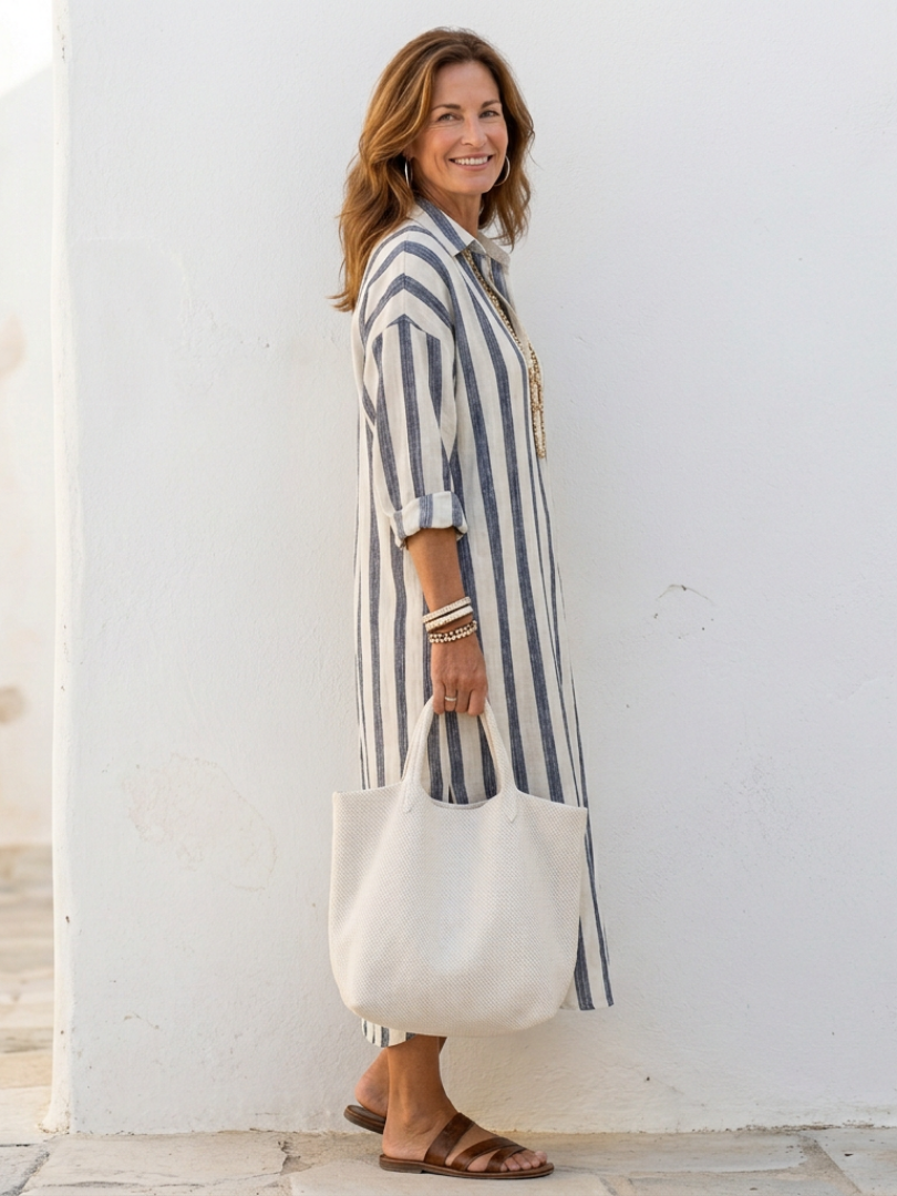 Naomi | Robe Chemise Midi Rayée à Manches Longues