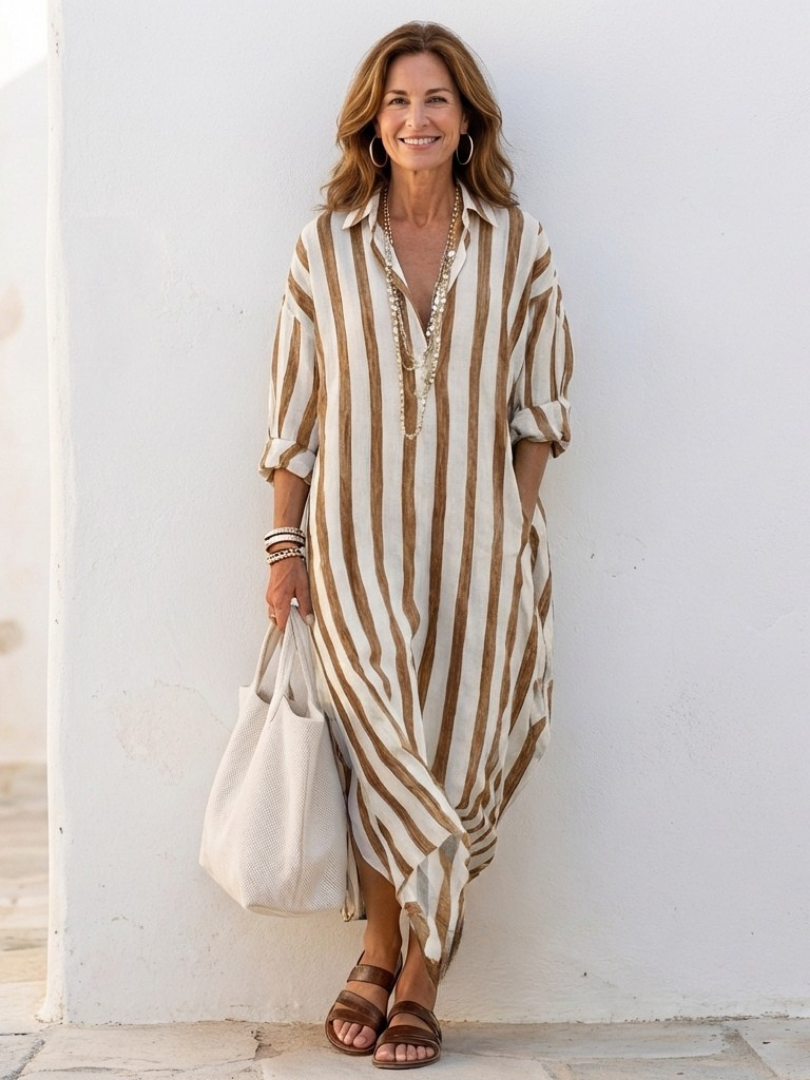 Naomi | Robe Chemise Midi Rayée à Manches Longues