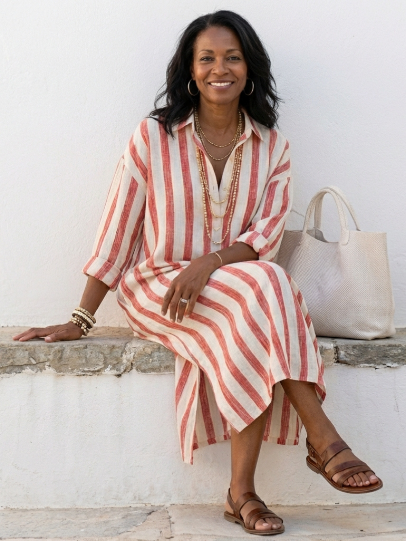 Naomi | Robe Chemise Midi Rayée à Manches Longues