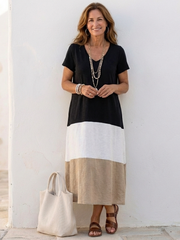 Thalia | Robe Midi à Manches Courtes en Color Block
