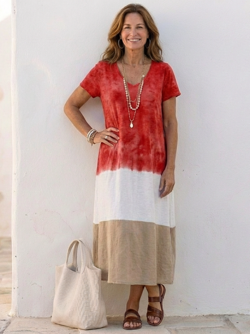 Thalia | Robe Midi à Manches Courtes en Color Block