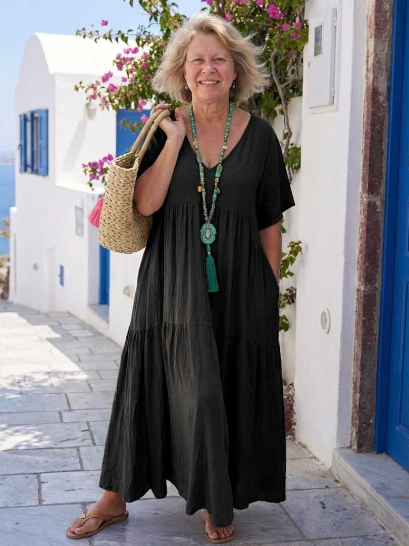 Zinnia | Robe maxi bleue à manches courtes et à volants