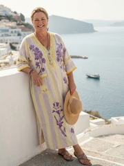 Aurelia | Robe Maxi à Manches Mi-Longues à Rayures et Fleurs en V