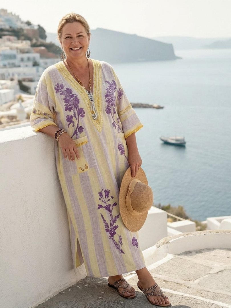 Aurelia | Robe Maxi à Manches Mi-Longues à Rayures et Fleurs en V