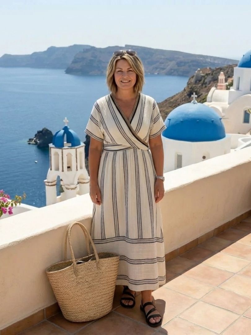 Thalassa | Robe midi à manches courtes en V avec taille enveloppante