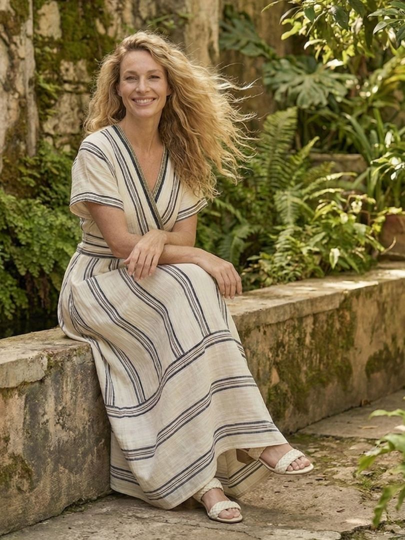 Thalassa | Robe midi à manches courtes en V avec taille enveloppante