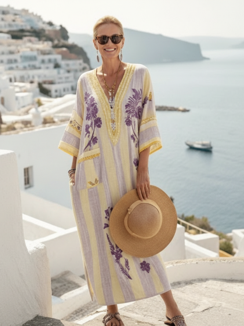 Aurelia | Robe Maxi à Manches Mi-Longues à Rayures et Fleurs en V