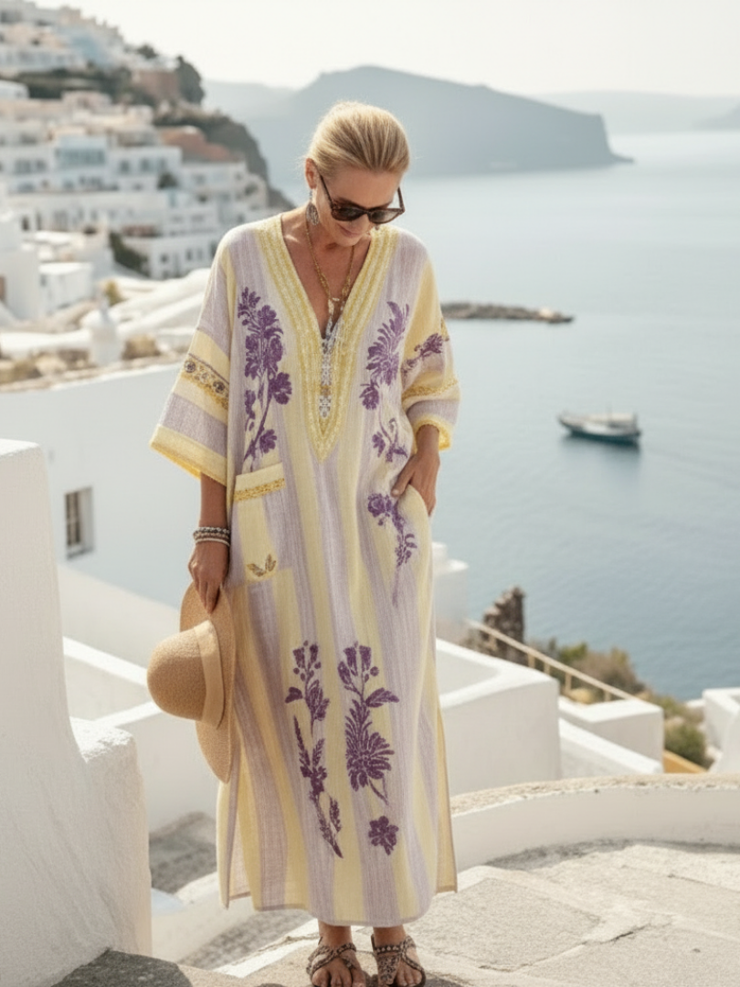 Aurelia | Robe Maxi à Manches Mi-Longues à Rayures et Fleurs en V
