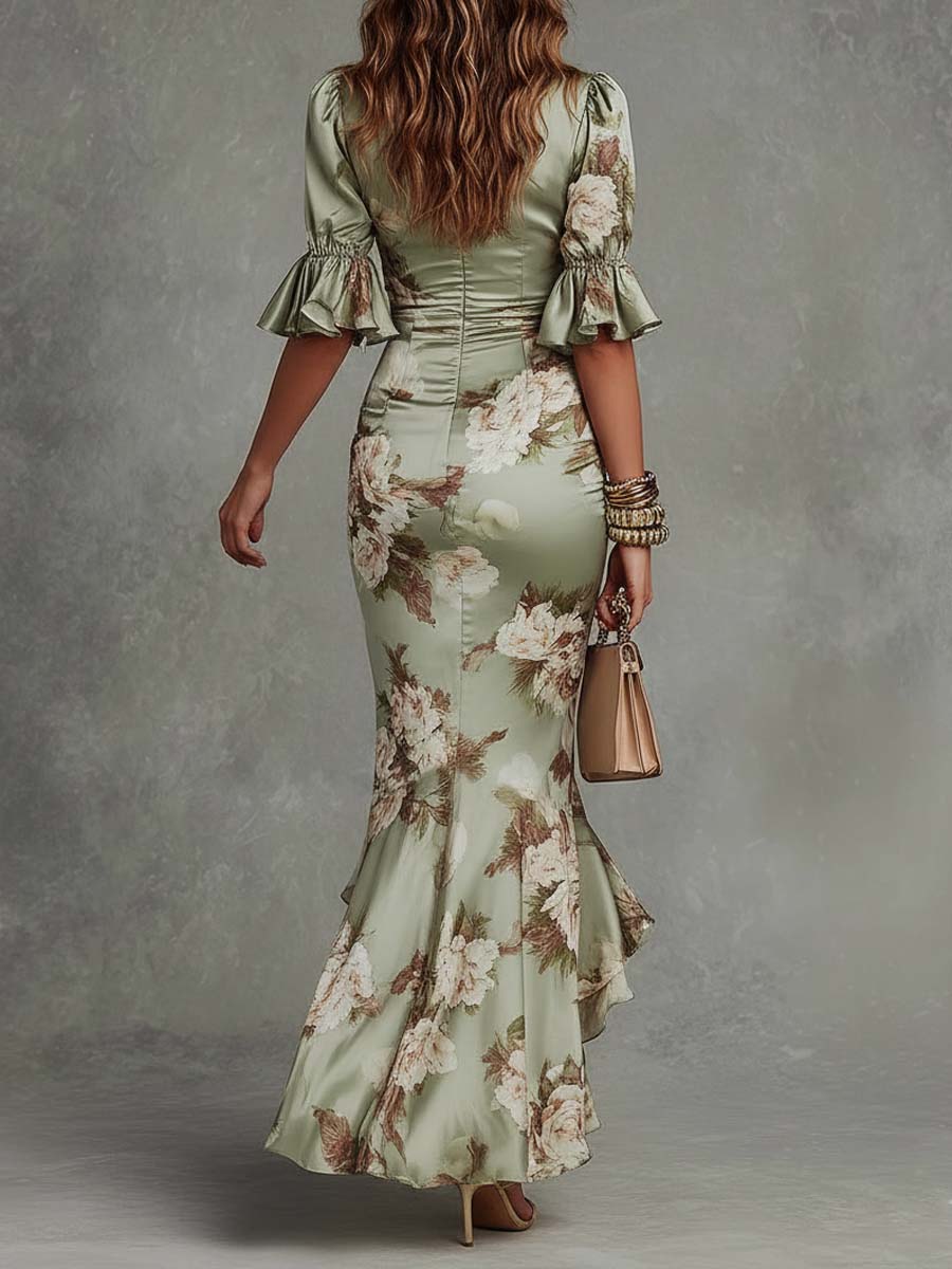 Duval Paris™ | Anastasia Robe Longue en Satin avec Imprimé Floral