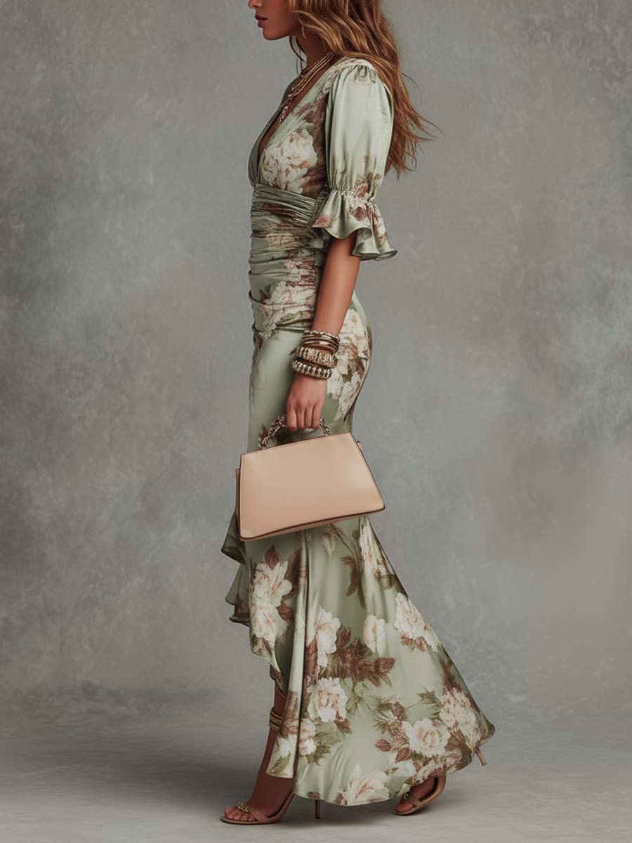 Duval Paris™ | Anastasia Robe Longue en Satin avec Imprimé Floral