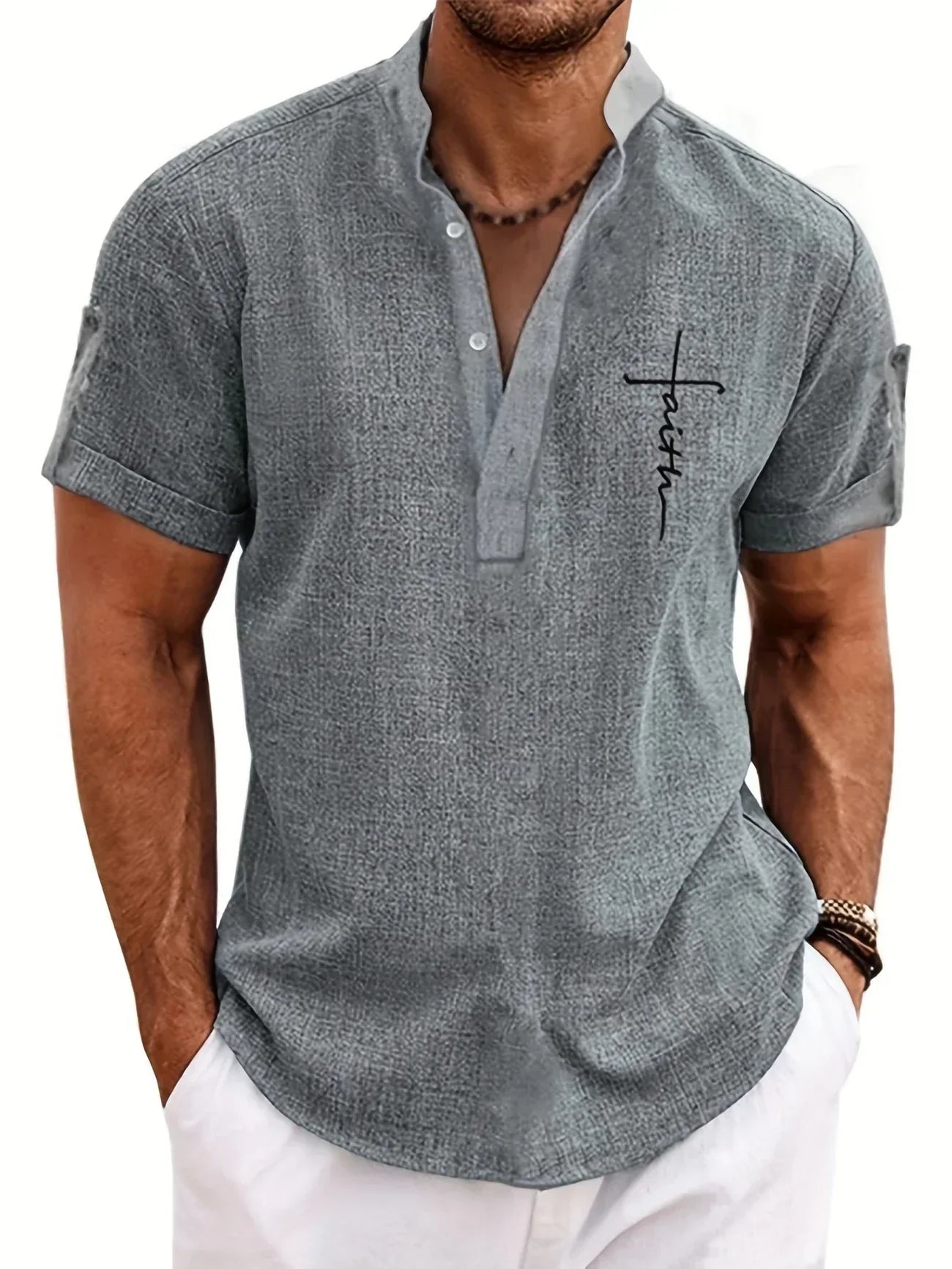 DUVAL PARIS™ | CHEMISE ÉLÉGANT À MANCHES COURTES ET COL MONTANT