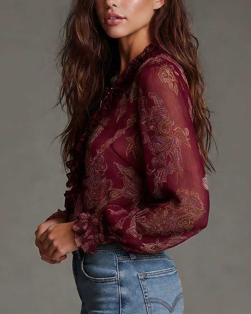 Duval Paris™ | Blouse raffinée à demi-zip et volants